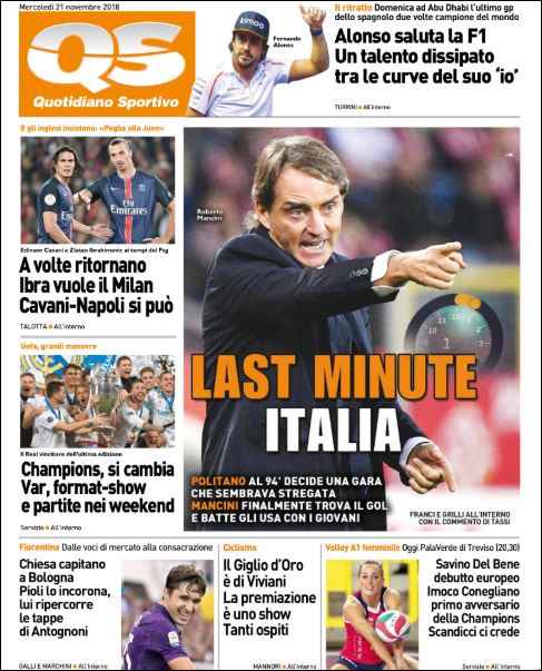 Quotidiani: la prima pagina di Qs, Stadio, Gazzetta, Corriere dello Sport, Tuttosport