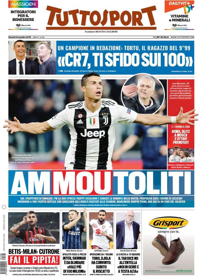 Quotidiani: la prima pagina di Qs, Stadio, Gazzetta, Corriere dello Sport, Tuttosport