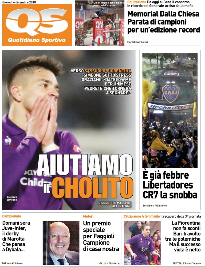 Quotidiani: la prima pagina di Qs, Stadio, Gazzetta, Corriere dello Sport, Tuttosport