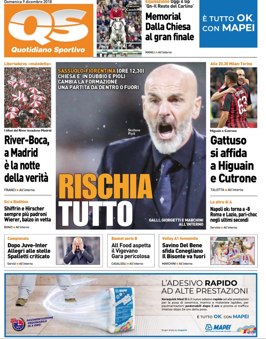 Quotidiani: la prima pagina di Qs, Stadio, Gazzetta, Corriere dello Sport, Tuttosport