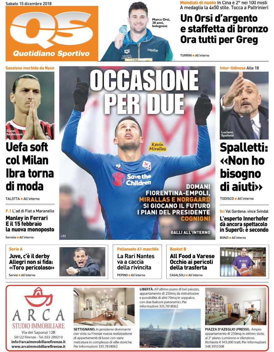 Quotidiani: la prima pagina di Qs, Stadio, Gazzetta, Corriere dello Sport, Tuttosport