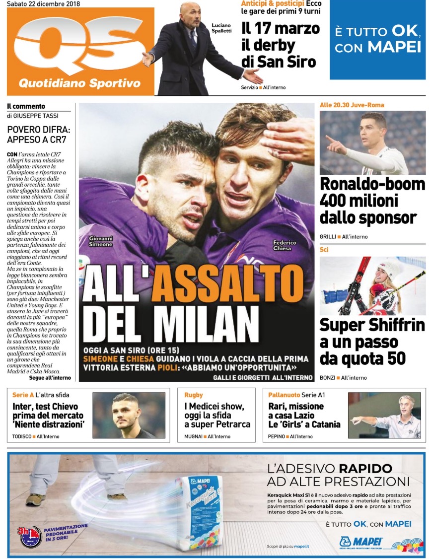 Quotidiani: la prima pagina di Qs, Stadio, Gazzetta, Corriere dello Sport, Tuttosport