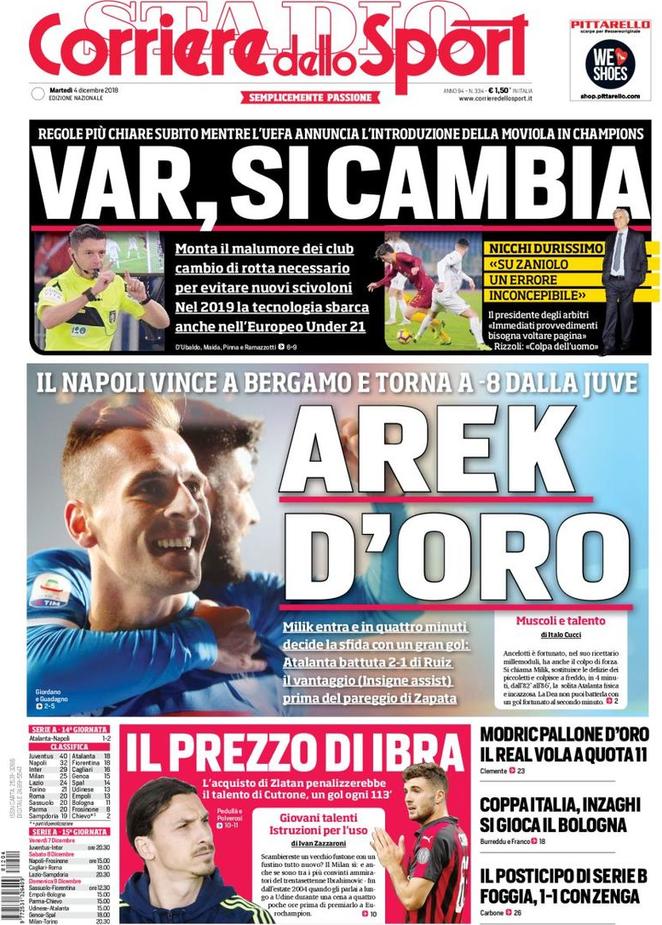 Quotidiani: la prima pagina di Qs, Stadio, Gazzetta, Corriere dello Sport, Tuttosport