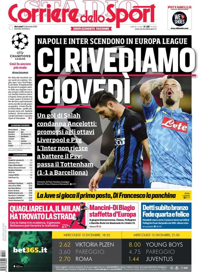 Quotidiani: la prima pagina di Qs, Stadio, Gazzetta, Corriere dello Sport, Tuttosport