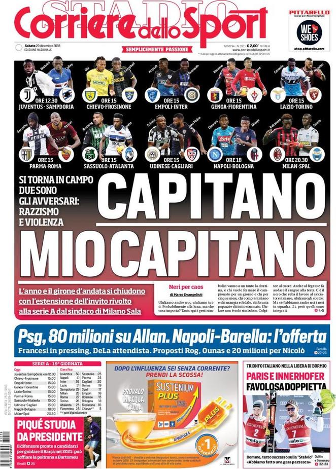 Quotidiani: la prima pagina di Qs, Stadio, Gazzetta, Corriere dello Sport, Tuttosport