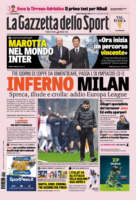 Quotidiani: la prima pagina di Qs, Stadio, Gazzetta, Corriere dello Sport, Tuttosport