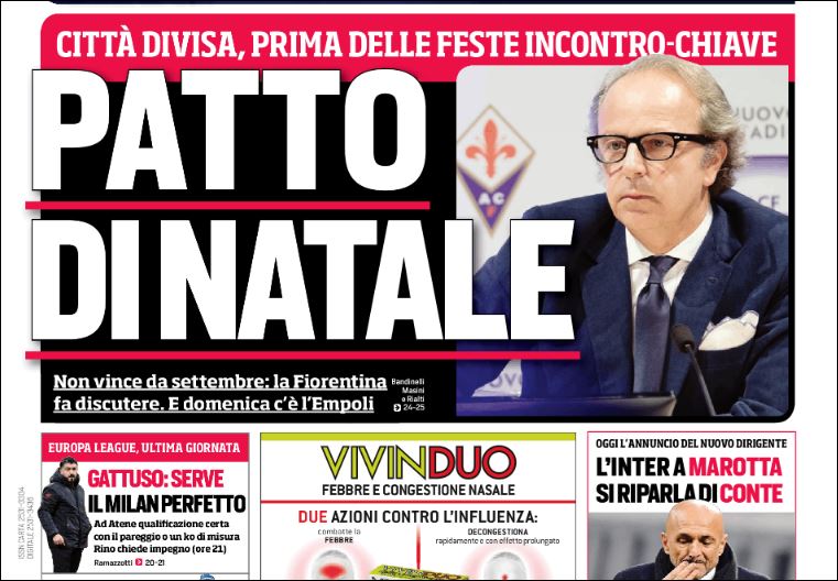Quotidiani: la prima pagina di Qs, Stadio, Gazzetta, Corriere dello Sport, Tuttosport