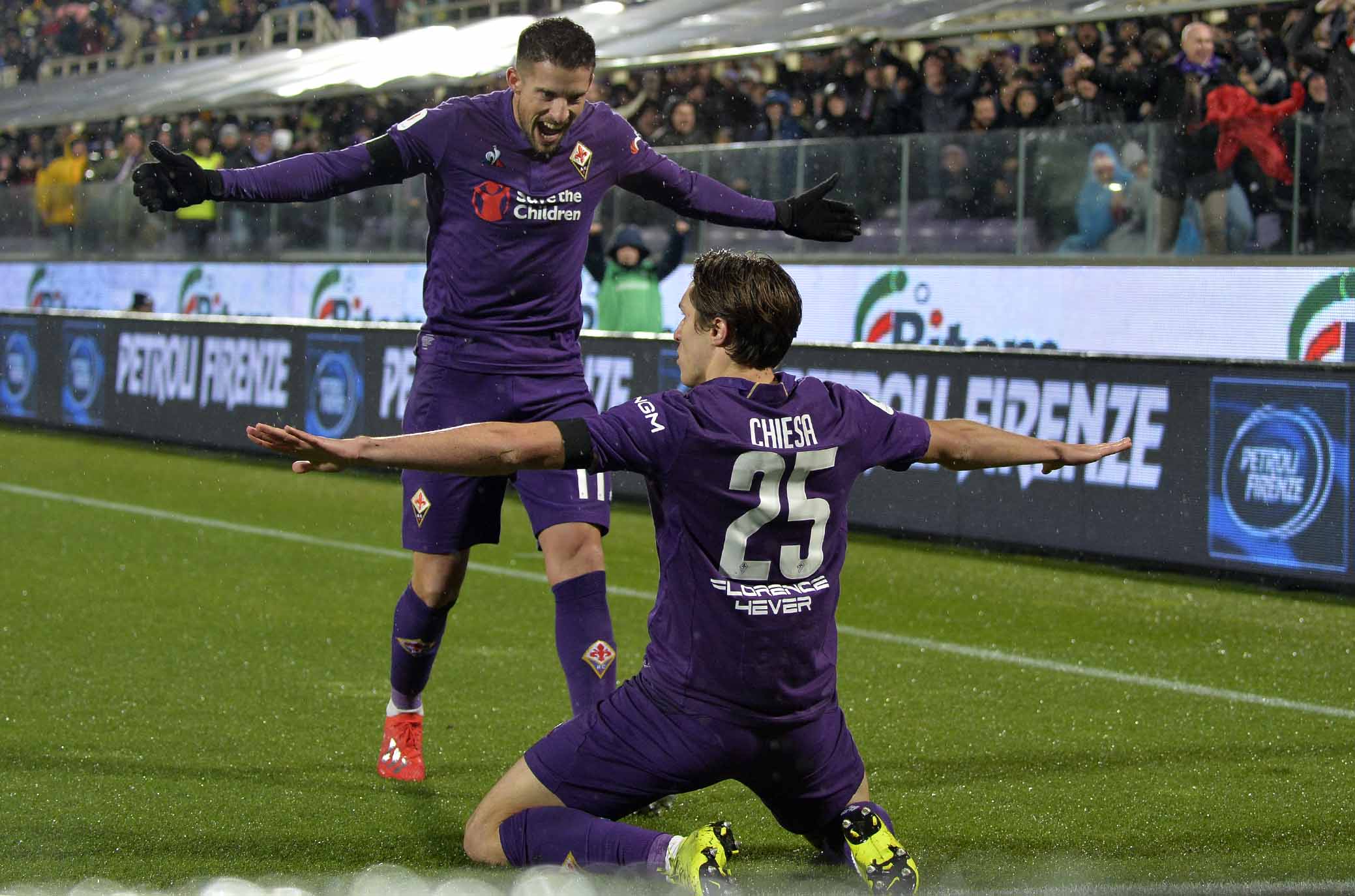 FIORENTINA-ROMA COPPA ITALIA 30-01-2019 ESULTANZA DI FEDERICO CHIESA CON KEVIN MIRALLAS . GALASSI SILVANO/SILPRESS