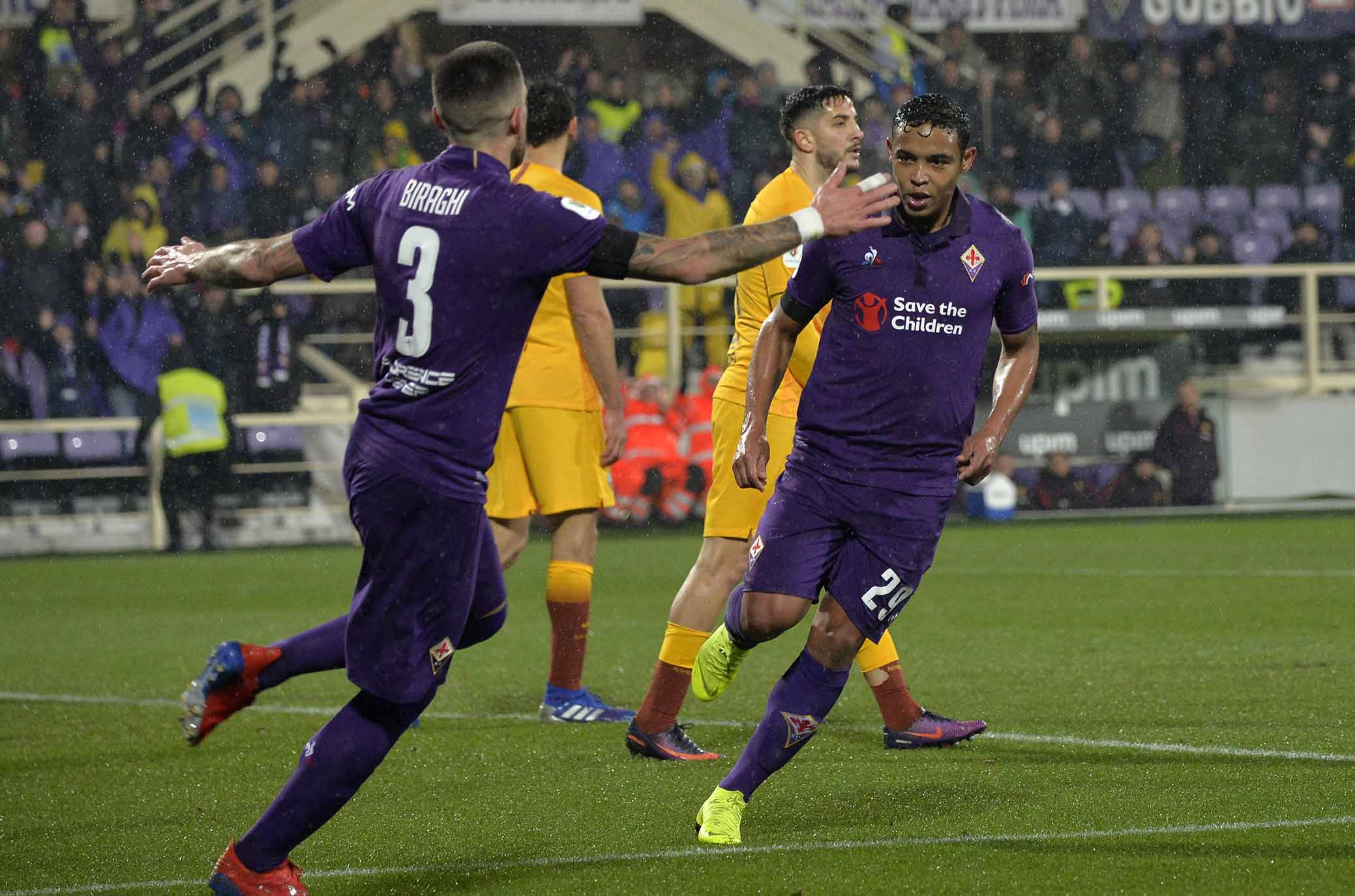 FIORENTINA-ROMA COPPA ITALIA 30-01-2019 ESULTANZA DI LUIS MURIEL CON BIRAGHI. GALASSI SILVANO/SILPRESS