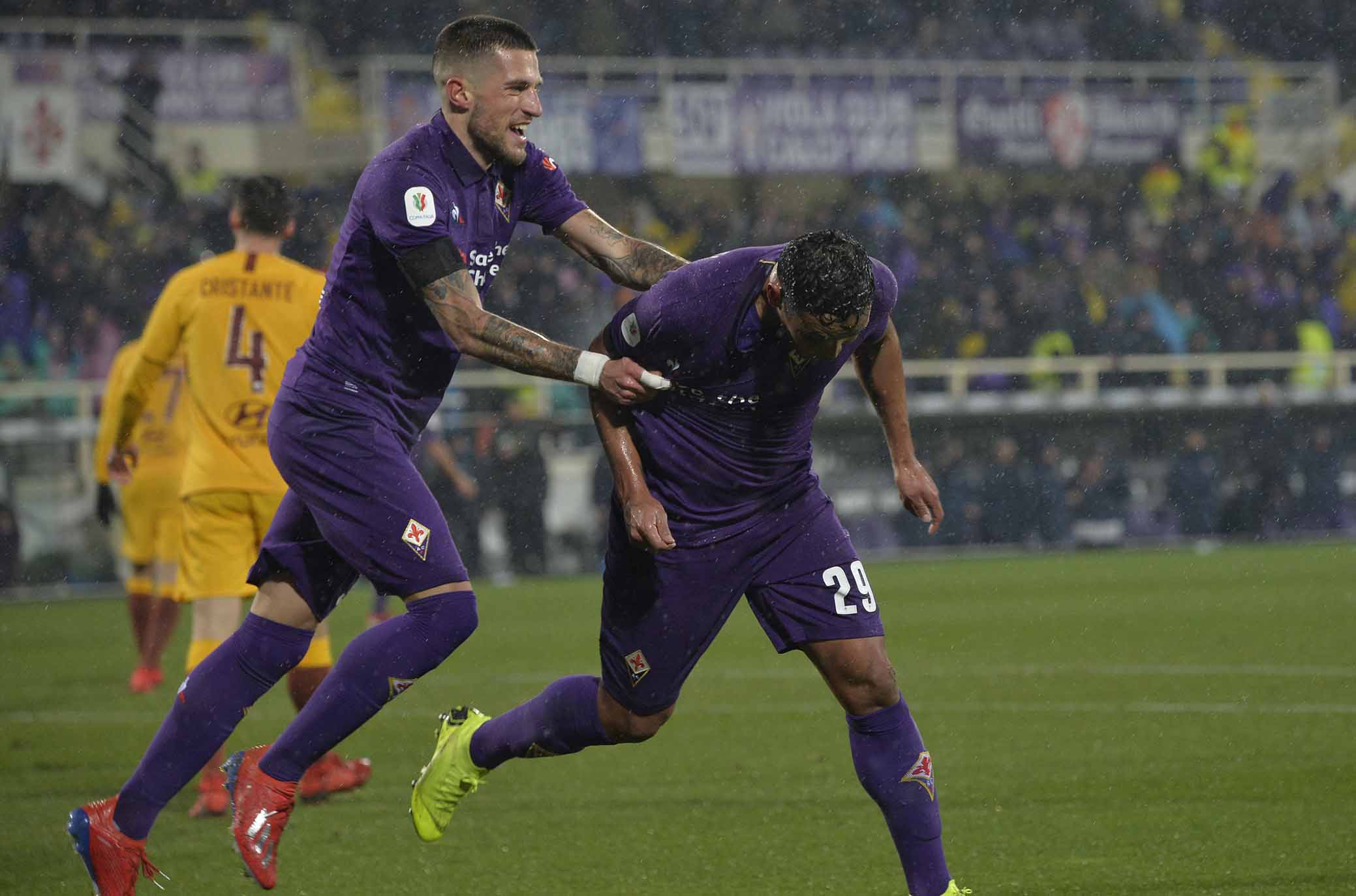 FIORENTINA-ROMA COPPA ITALIA 30-01-2019 ESULTANZA DI LUIS MURIEL CON BIRAGHI. GALASSI SILVANO/SILPRESS