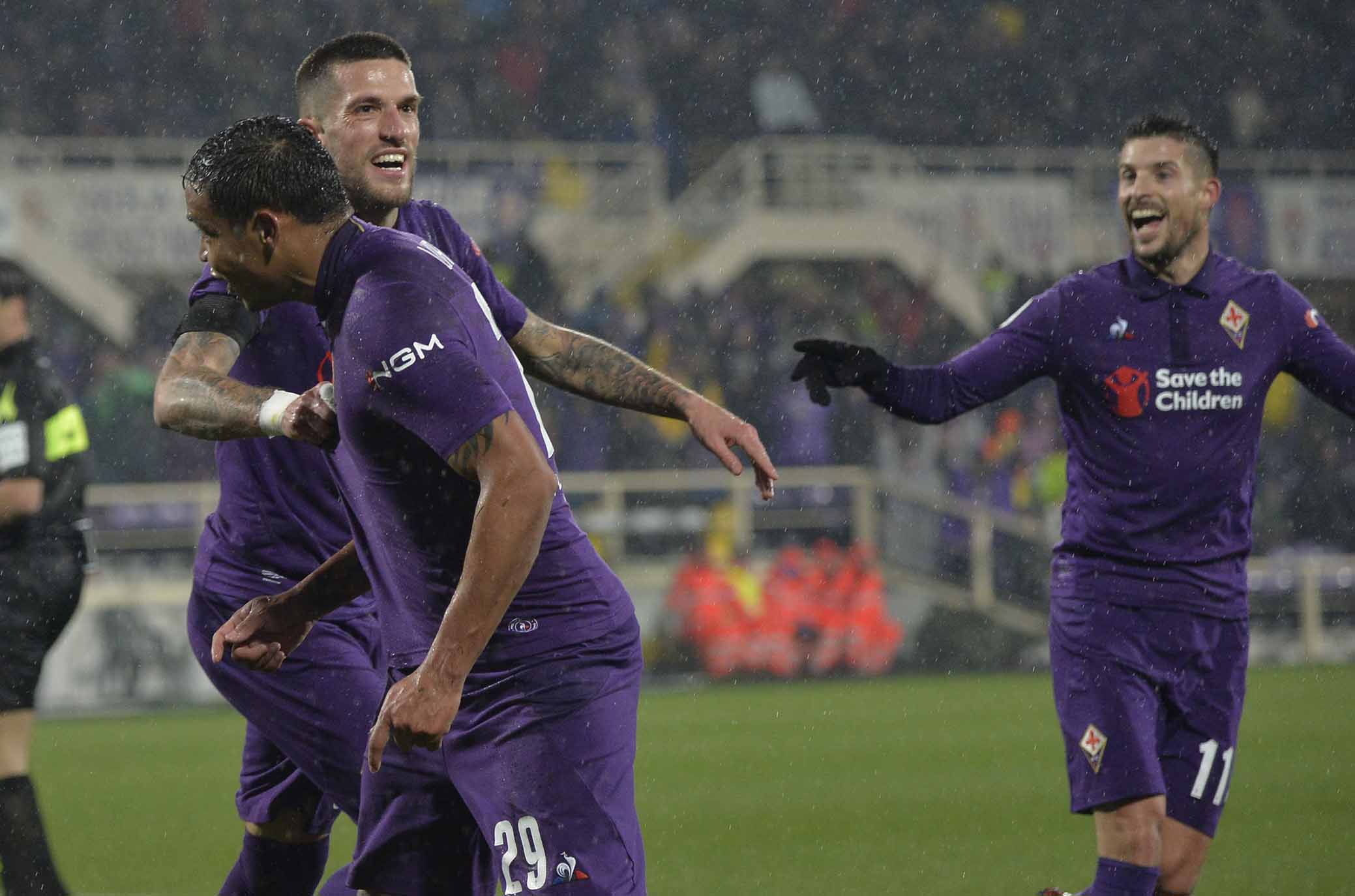 FIORENTINA-ROMA COPPA ITALIA 30-01-2019 ESULTANZA DI LUIS MURIEL CON BIRAGHI E MIRALLAS . GALASSI SILVANO/SILPRESS
