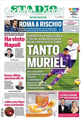 Quotidiani: la prima pagina di Qs, Stadio, Gazzetta, Corriere dello Sport, Tuttosport