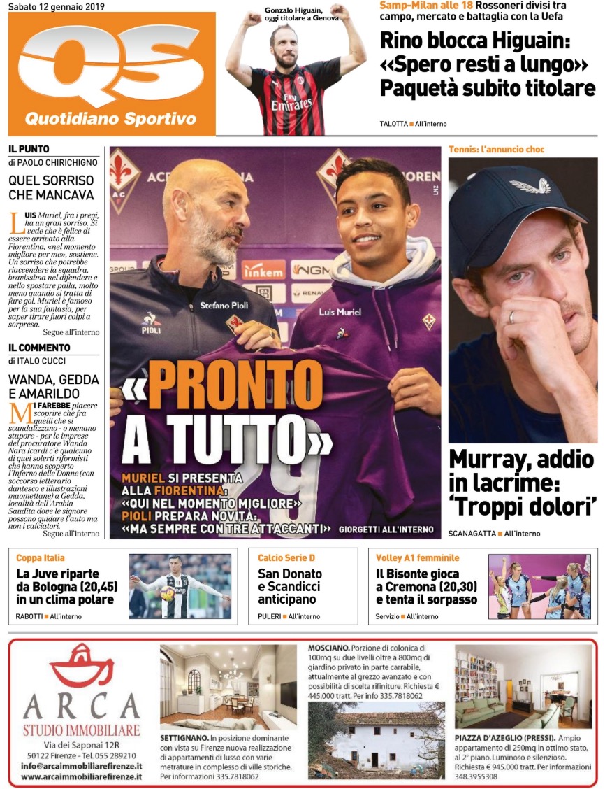 Quotidiani: la prima pagina di Qs, Stadio, Gazzetta, Corriere dello Sport, Tuttosport