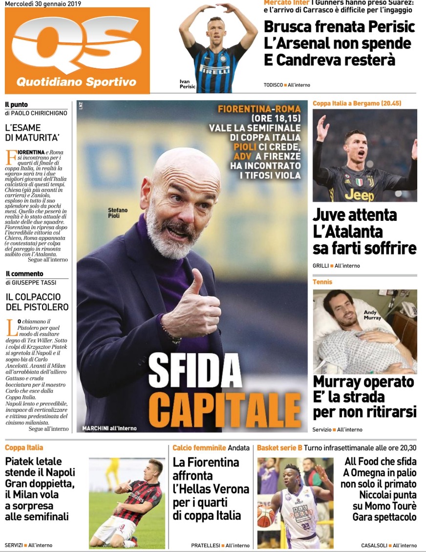 Quotidiani: la prima pagina di Qs, Stadio, Gazzetta, Corriere dello Sport, Tuttosport