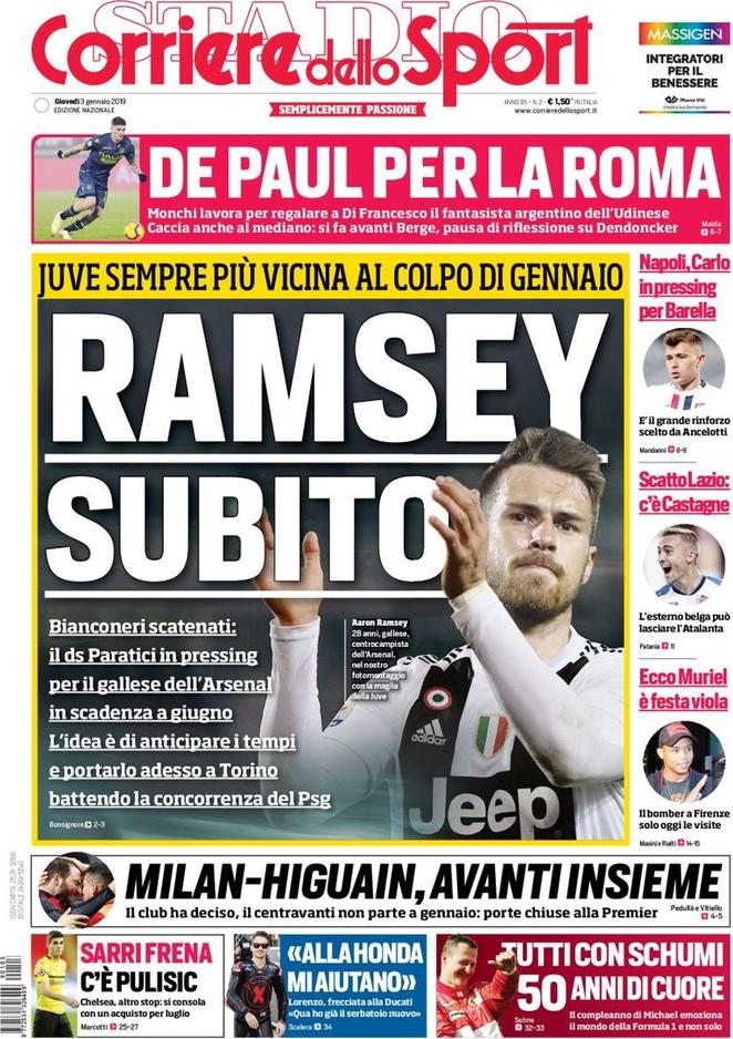 Quotidiani: la prima pagina di Qs, Stadio, Gazzetta, Corriere dello Sport, Tuttosport