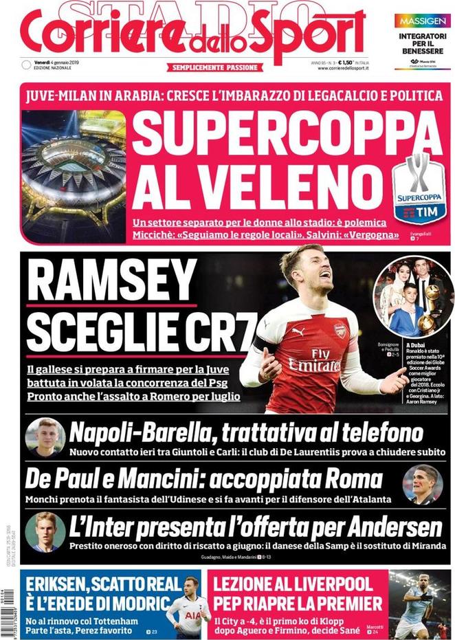 Quotidiani: la prima pagina di Qs, Stadio, Gazzetta, Corriere dello Sport, Tuttosport
