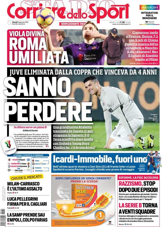 Quotidiani: la prima pagina di Qs, Stadio, Gazzetta, Corriere dello Sport, Tuttosport