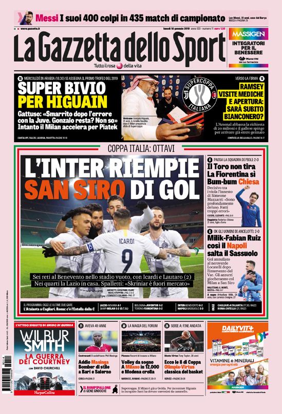 Quotidiani: la prima pagina di Qs, Stadio, Gazzetta, Corriere dello Sport, Tuttosport