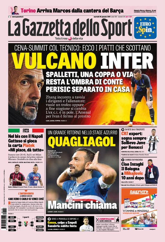 Quotidiani: la prima pagina di Qs, Stadio, Gazzetta, Corriere dello Sport, Tuttosport