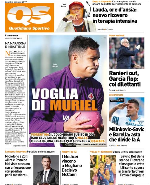 Quotidiani: la prima pagina di Qs, Stadio, Gazzetta, Corriere dello Sport, Tuttosport