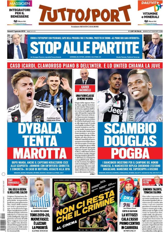 Quotidiani: la prima pagina di Qs, Stadio, Gazzetta, Corriere dello Sport, Tuttosport