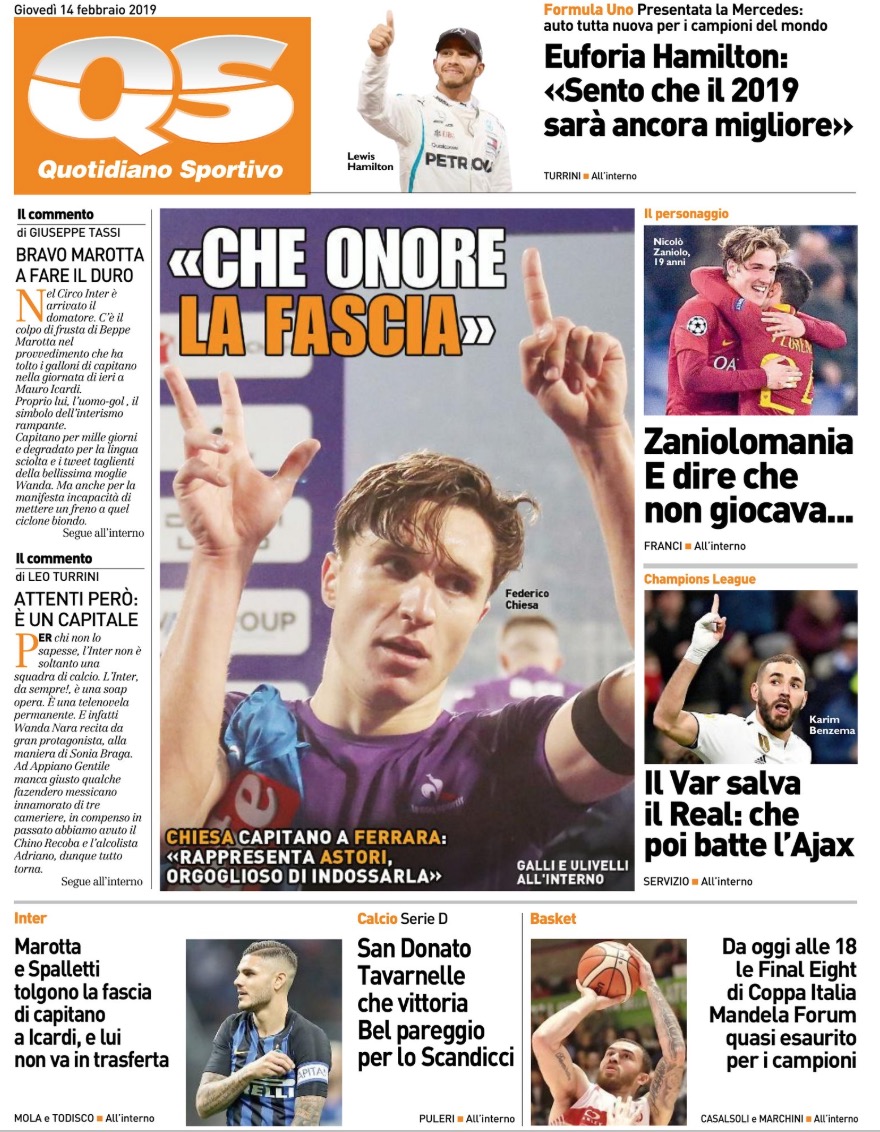 Quotidiani: la prima pagina di Qs, Stadio, Gazzetta, Corriere dello Sport, Tuttosport