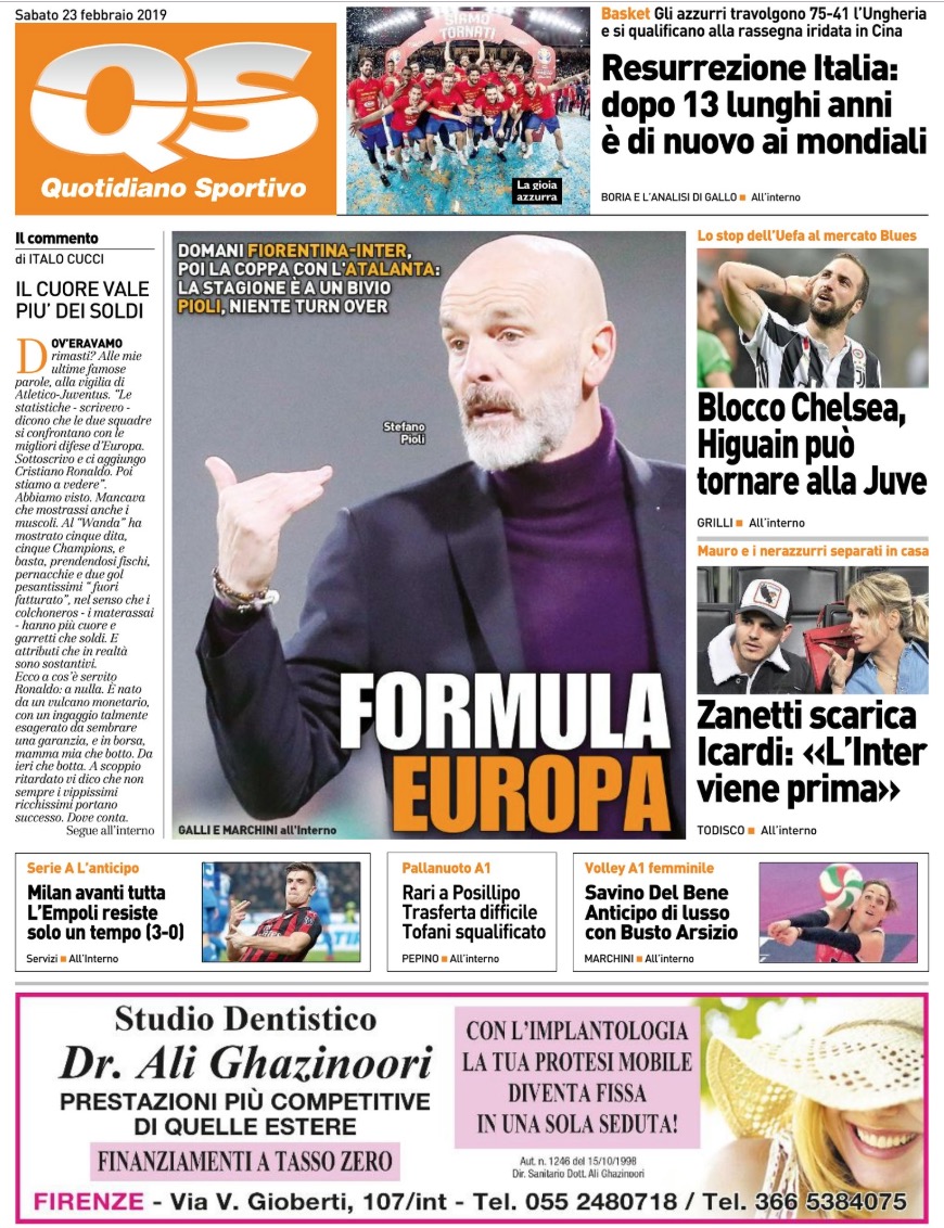 Quotidiani: la prima pagina di Qs, Stadio, Gazzetta, Corriere dello Sport, Tuttosport