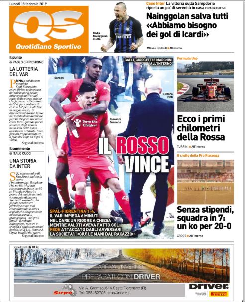 Quotidiani: la prima pagina di Qs, Stadio, Gazzetta, Corriere dello Sport, Tuttosport