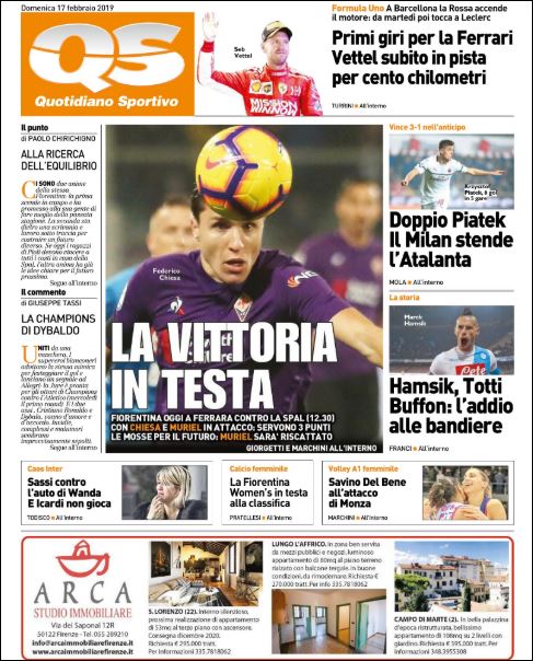 Quotidiani: la prima pagina di Qs, Stadio, Gazzetta, Corriere dello Sport, Tuttosport