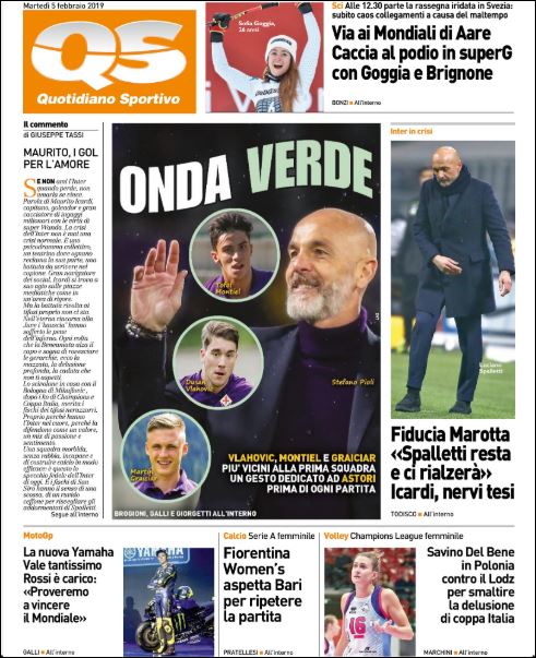 Quotidiani: la prima pagina di Qs, Stadio, Gazzetta, Corriere dello Sport, Tuttosport
