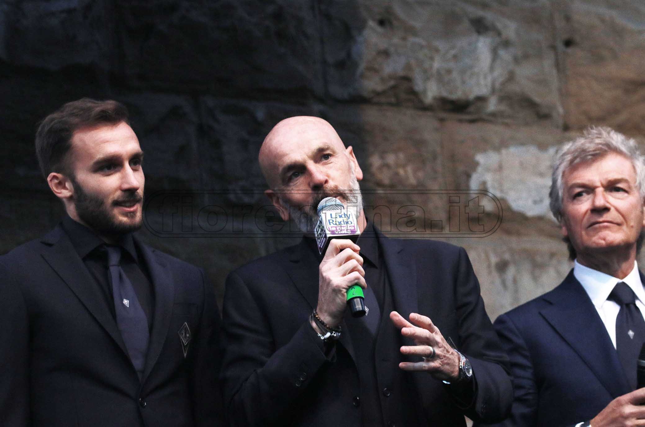FIORENTINA 31-03-2019 GFESTA PER I 50 ANNI DI GABRIEL BATISTUTA IN PIAZZA DELLA SIGNORIA. GERMAN PEZZELLA STEFANO PIOLI E GIANCARLO ANTOGNONI. GALASSI SILVANO/SILPRESS