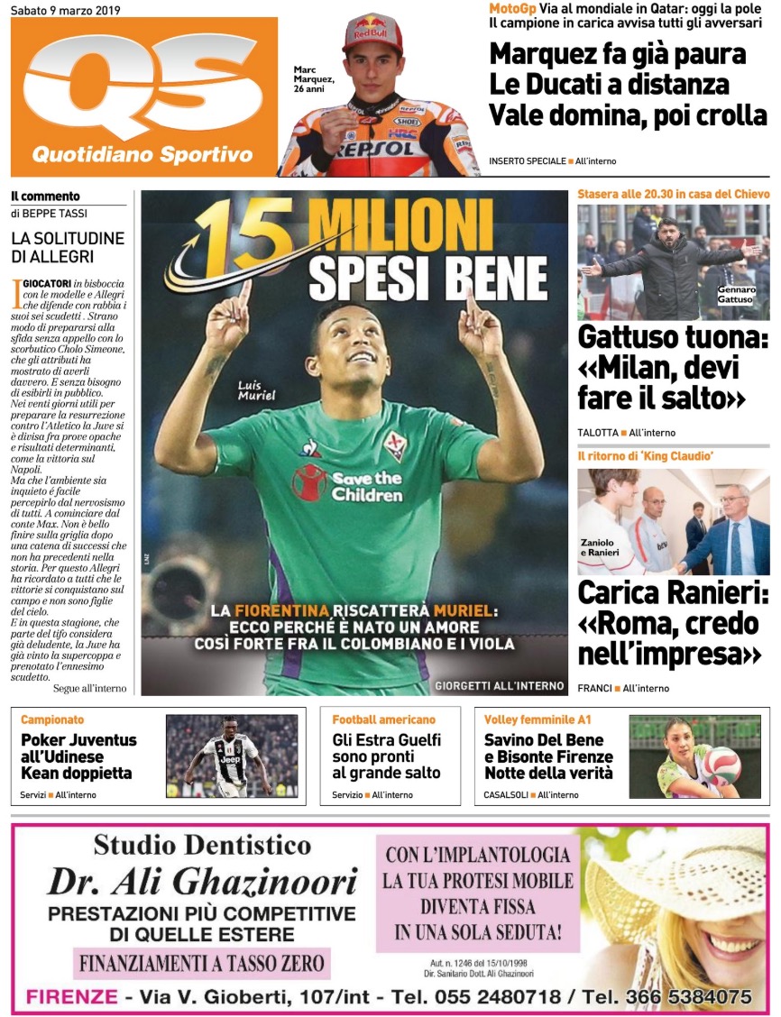 Quotidiani: la prima pagina di Qs, Stadio, Gazzetta, Corriere dello Sport, Tuttosport