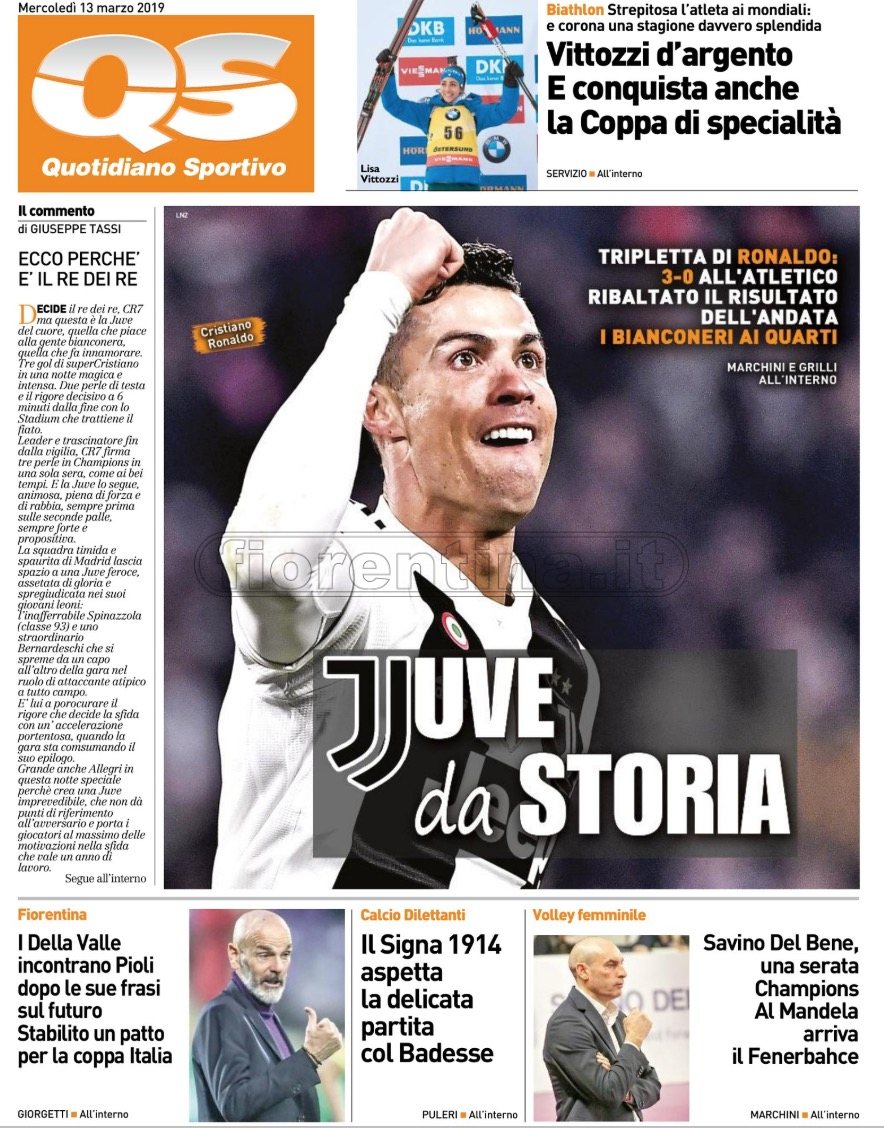 Quotidiani: la prima pagina di Qs, Stadio, Gazzetta, Corriere dello Sport, Tuttosport