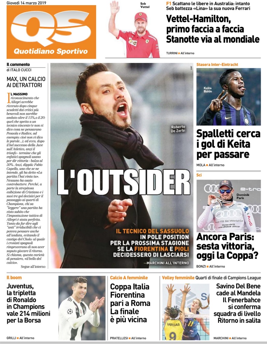 Quotidiani: la prima pagina di Qs, Stadio, Gazzetta, Corriere dello Sport, Tuttosport