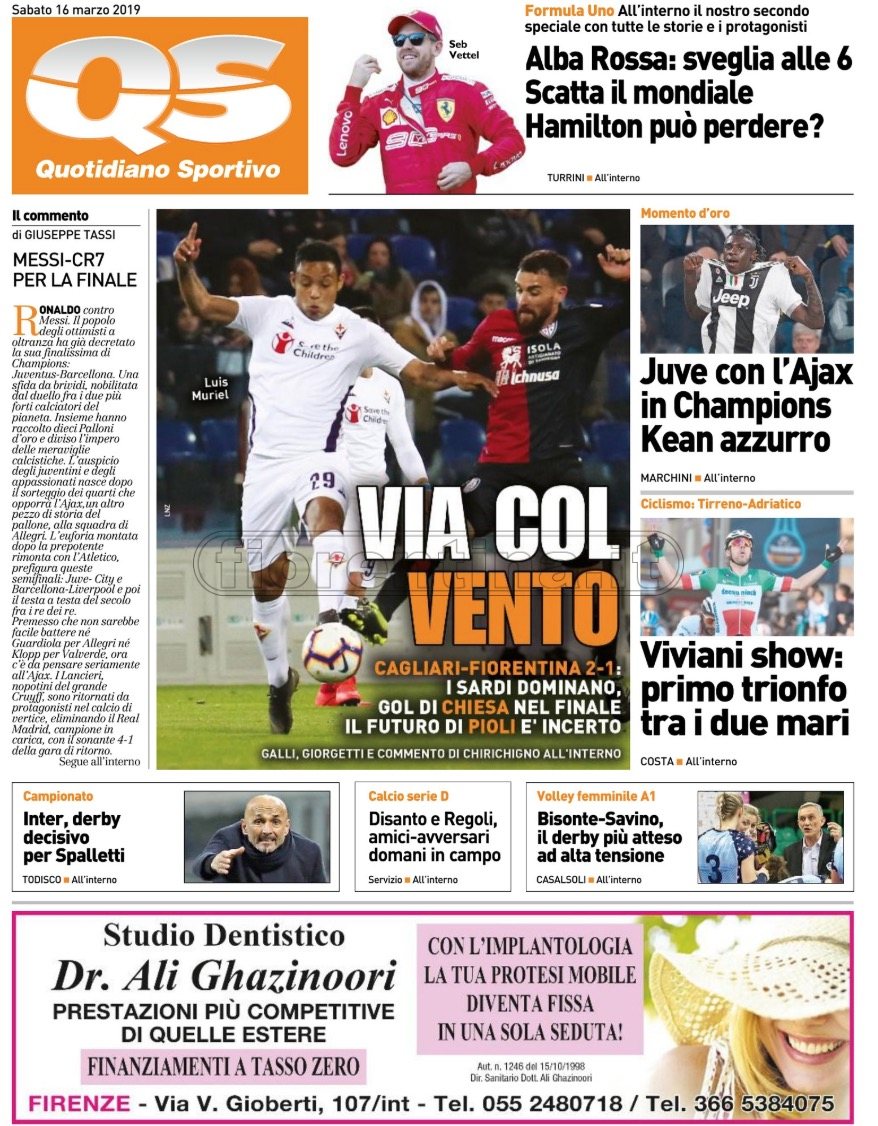 Quotidiani: la prima pagina di Qs, Stadio, Gazzetta, Corriere dello Sport, Tuttosport