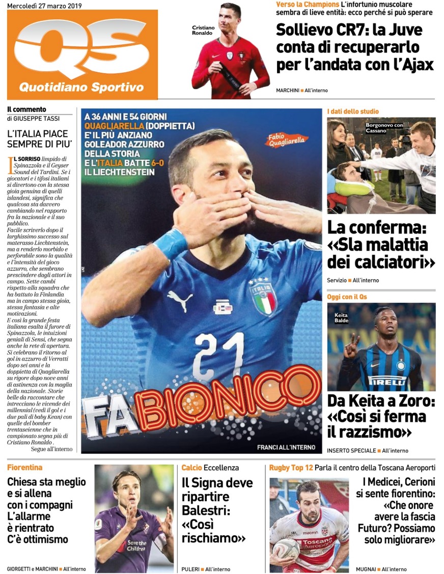 Quotidiani: la prima pagina di Qs, Stadio, Gazzetta, Corriere dello Sport, Tuttosport