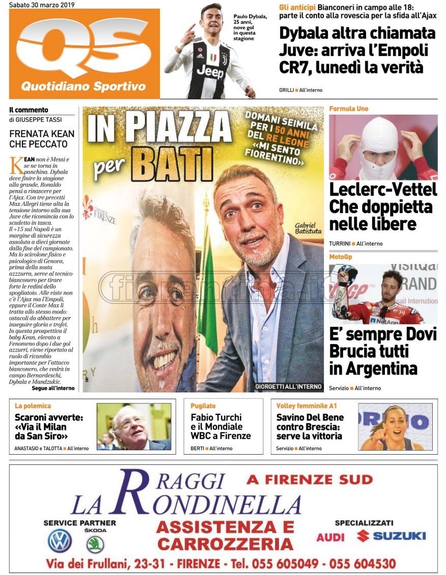 Quotidiani: la prima pagina di Qs, Stadio, Gazzetta, Corriere dello Sport, Tuttosport