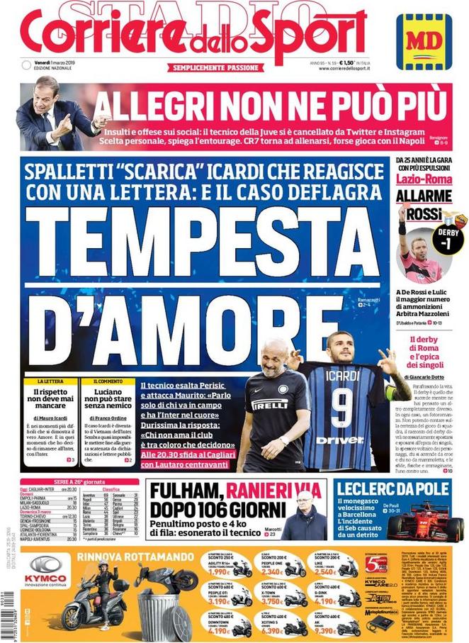 Quotidiani: la prima pagina di Qs, Stadio, Gazzetta, Corriere dello Sport, Tuttosport