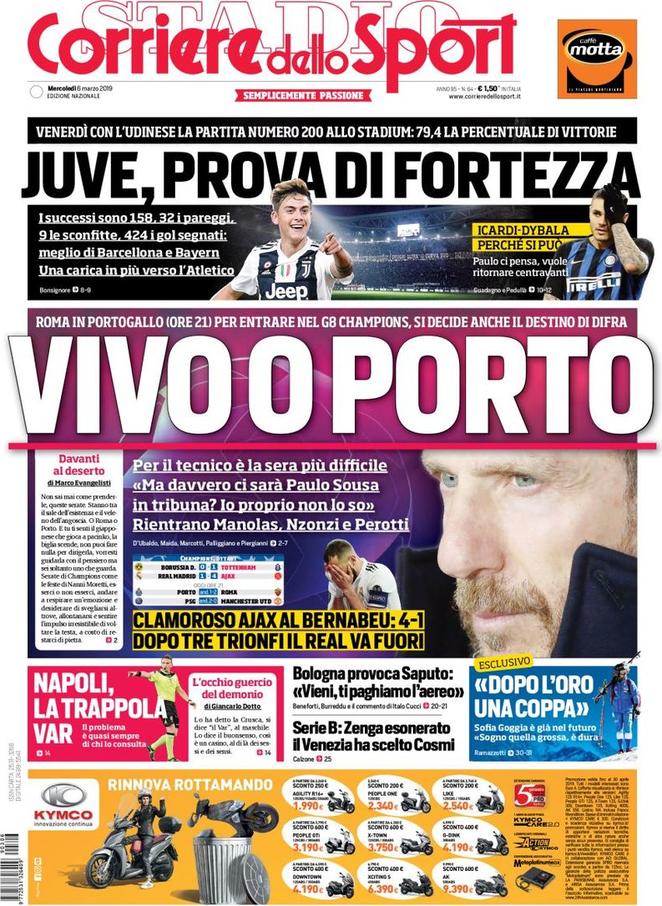 Quotidiani: la prima pagina di Qs, Stadio, Gazzetta, Corriere dello Sport, Tuttosport