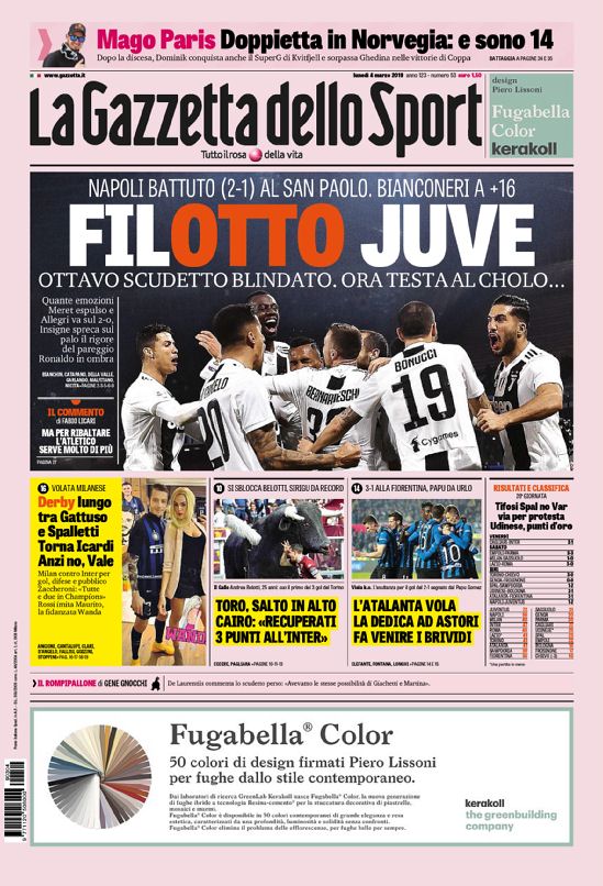 Quotidiani: la prima pagina di Qs, Stadio, Gazzetta, Corriere dello Sport, Tuttosport