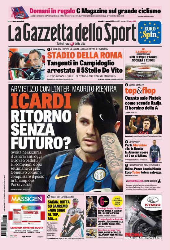 Quotidiani: la prima pagina di Qs, Stadio, Gazzetta, Corriere dello Sport, Tuttosport