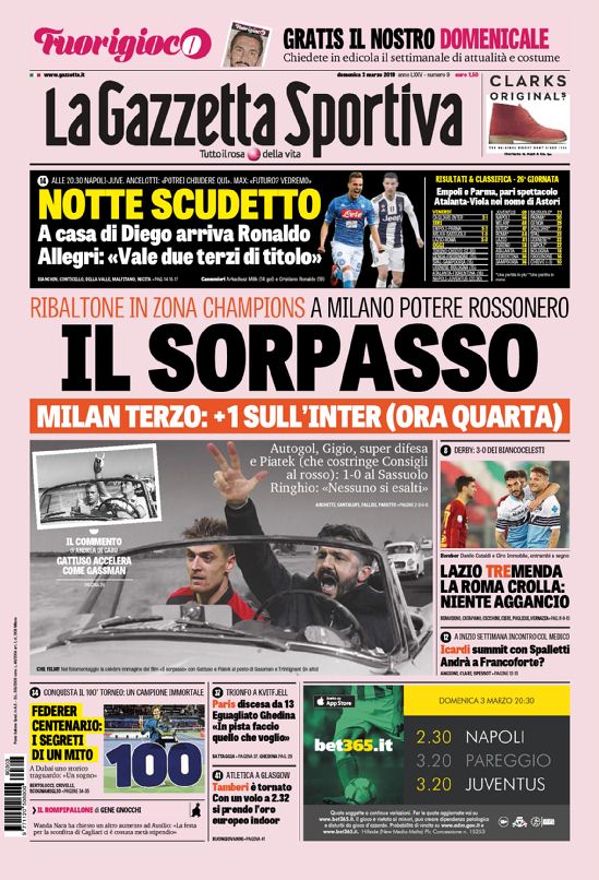 Quotidiani: la prima pagina di Qs, Stadio, Gazzetta, Corriere dello Sport, Tuttosport