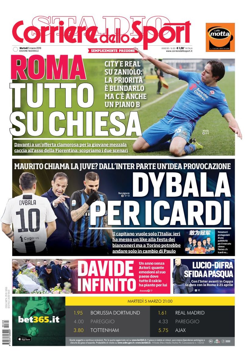 Quotidiani: la prima pagina di Qs, Stadio, Gazzetta, Corriere dello Sport, Tuttosport