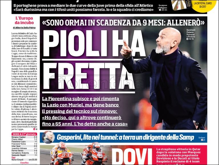 Quotidiani: la prima pagina di Qs, Stadio, Gazzetta, Corriere dello Sport, Tuttosport