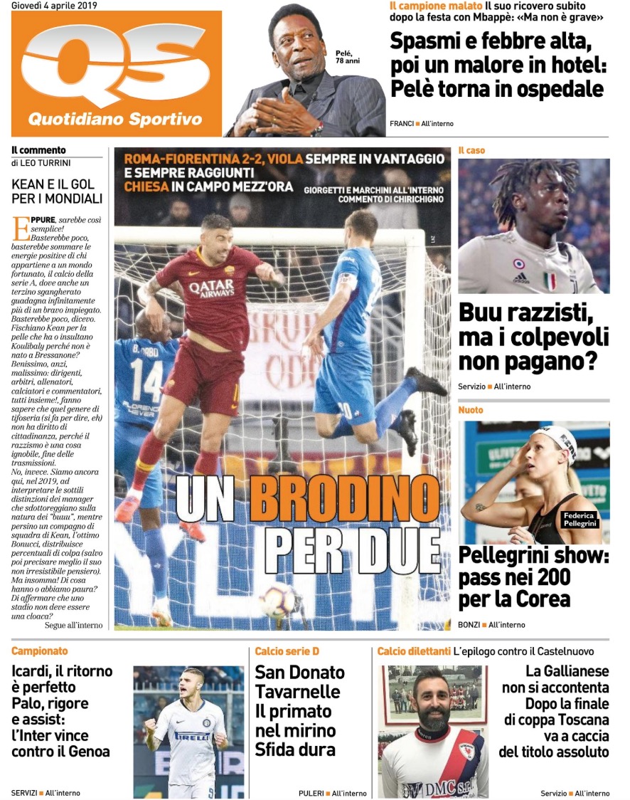 Quotidiani: la prima pagina di Qs, Stadio, Gazzetta, Corriere dello Sport, Tuttosport