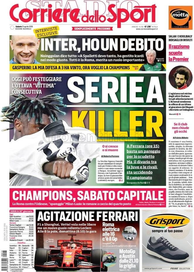 Quotidiani: la prima pagina di Qs, Stadio, Gazzetta, Corriere dello Sport, Tuttosport