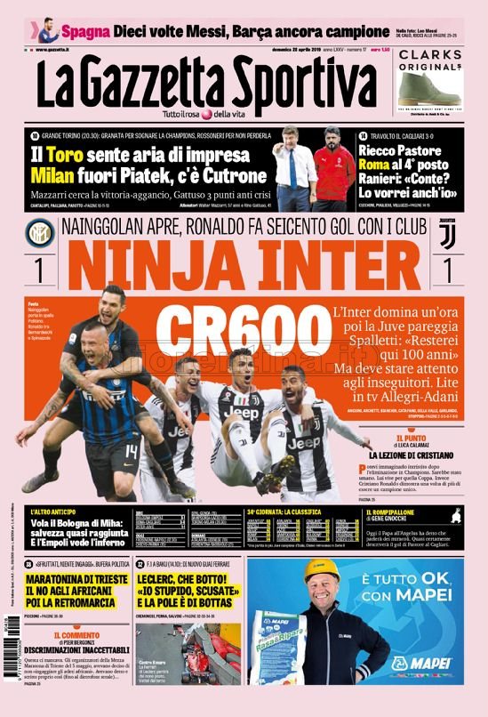 Quotidiani: la prima pagina di Qs, Stadio, Gazzetta, Corriere dello Sport, Tuttosport