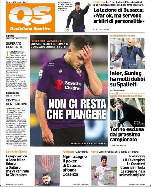 Quotidiani: la prima pagina di Qs, Stadio, Gazzetta, Corriere dello Sport, Tuttosport