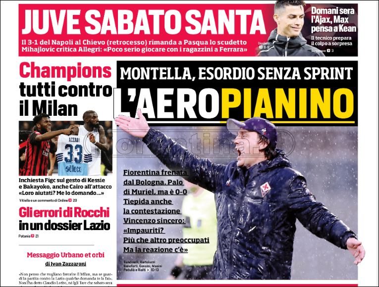 Quotidiani: la prima pagina di Qs, Stadio, Gazzetta, Corriere dello Sport, Tuttosport