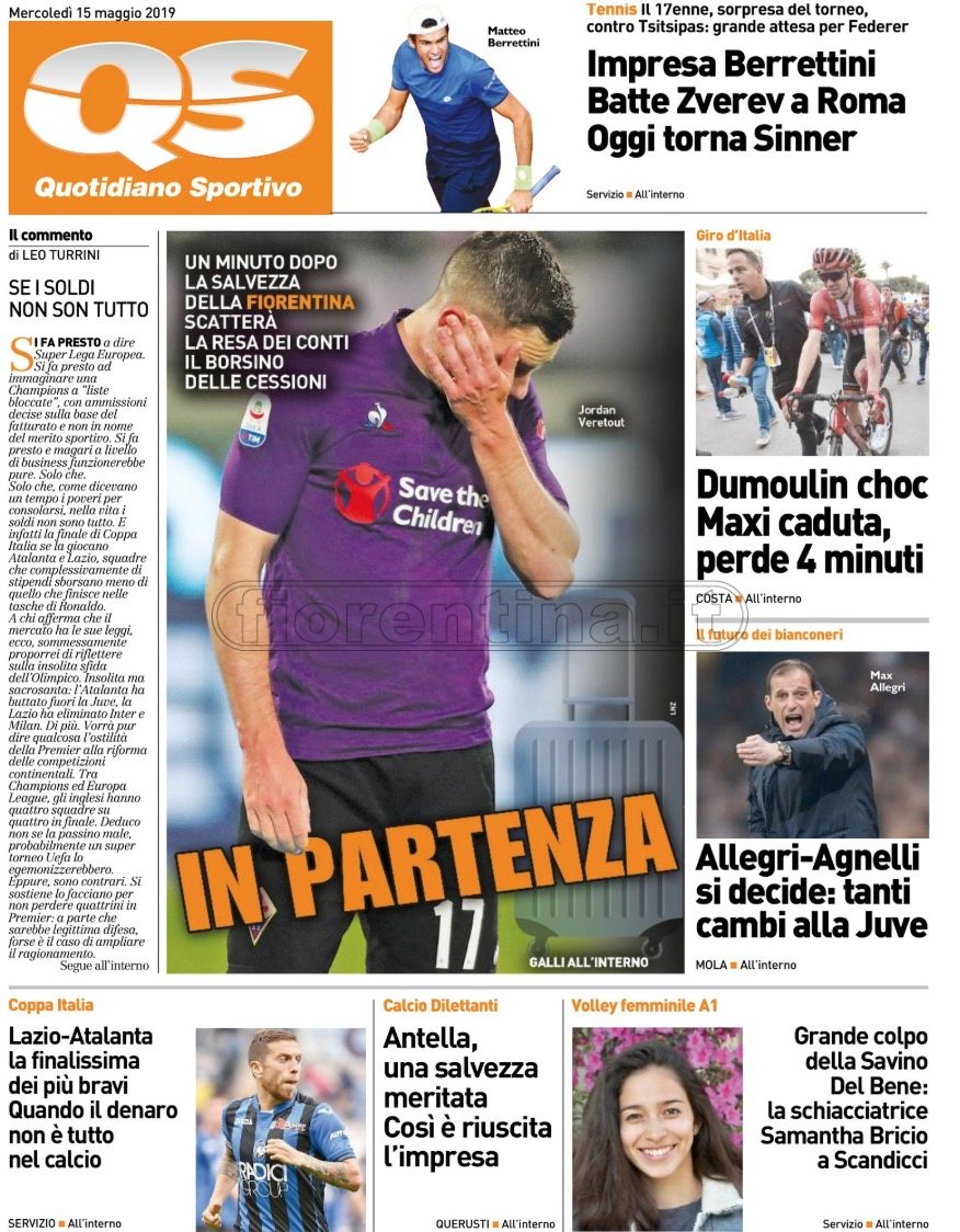 Quotidiani: la prima pagina di Qs, Stadio, Gazzetta, Corriere dello Sport, Tuttosport
